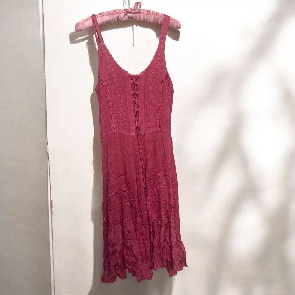 Vintage pink lace up summer sundress coquette Fairycore boho hippie OS